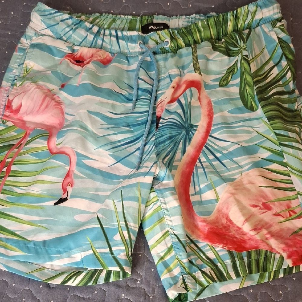 Nova Men Blue and Pink Athletic Shorts Flamingo Print size large
